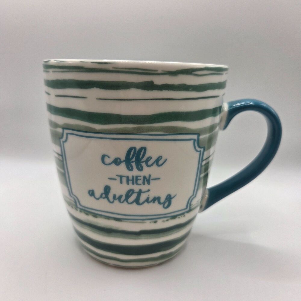 Threshold Coffee Then Adulting Mug Green Stripe Blue Handle Porcelain Target